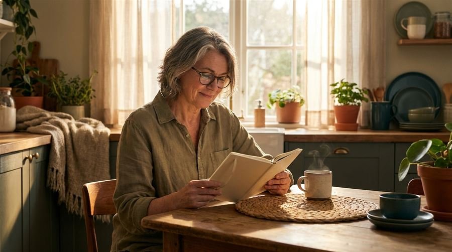 A person in their fifties reading at a sunlit kitchen table with a cup of tea
