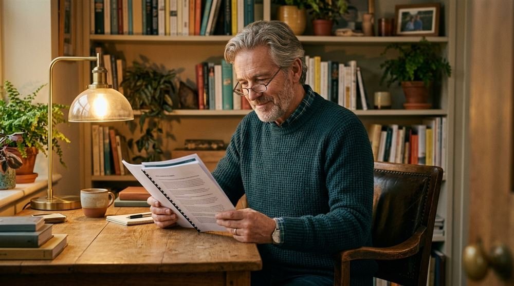 Man in his fifties reading a printed report at a home desk with a thoughtful expression