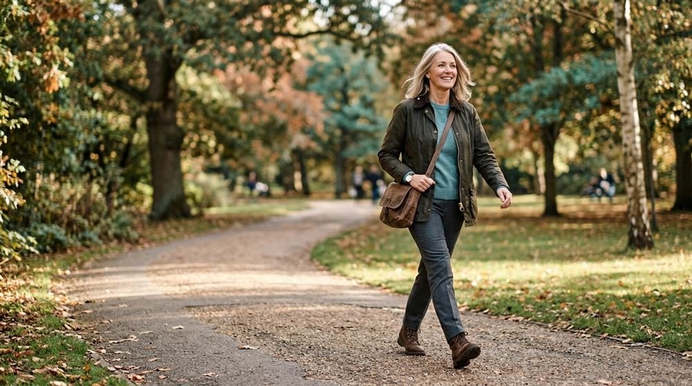 Woman in her fifties walking briskly on a park path with a confident stride