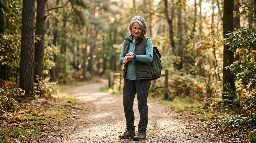 Woman in her fifties checking a fitness watch while pausing on an outdoor walk