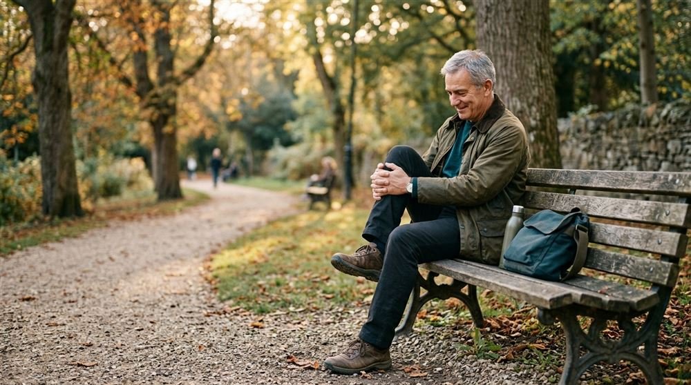 Man in his fifties stretching his knee while sitting on a park bench after a walk