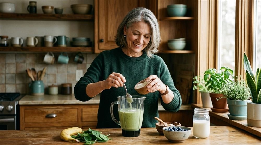 Woman in her fifties mixing a supplement powder into her morning smoothie