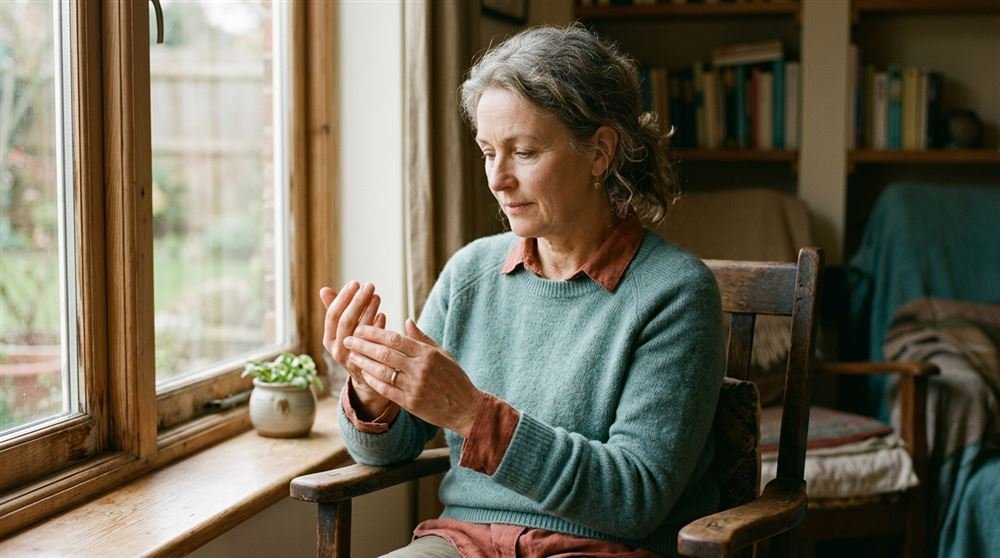 Woman in her fifties examining her hands in soft natural window light