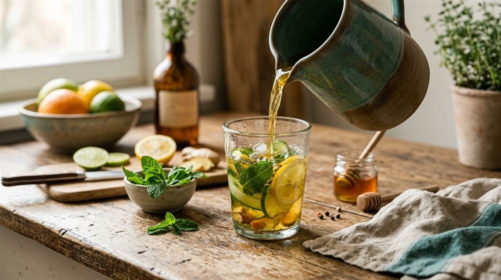 Homemade wellness drink being poured into a glass, ingredients on a kitchen counter