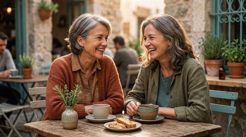 Two women in their fifties laughing together over coffee at an outdoor cafe table