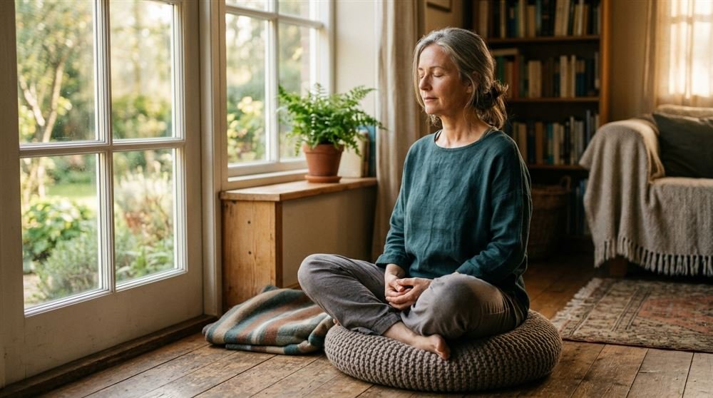 Woman in her fifties meditating quietly by a window in soft morning light