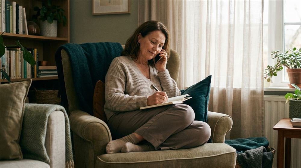A woman in her fifties taking notes during a phone call at home
