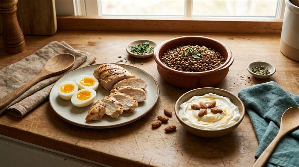 An overhead view of protein-rich foods including chicken, eggs, lentils and yogurt