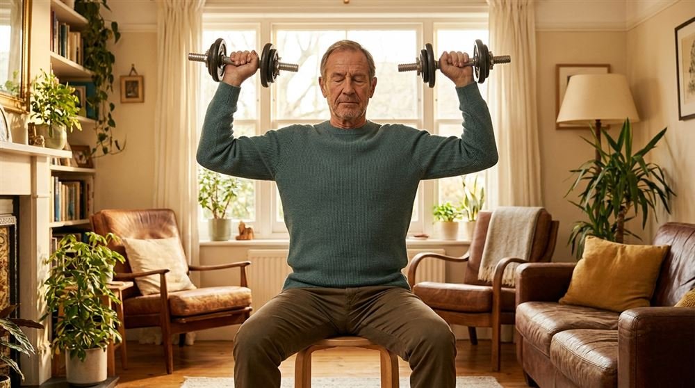 A man in his sixties doing a seated overhead dumbbell press at home