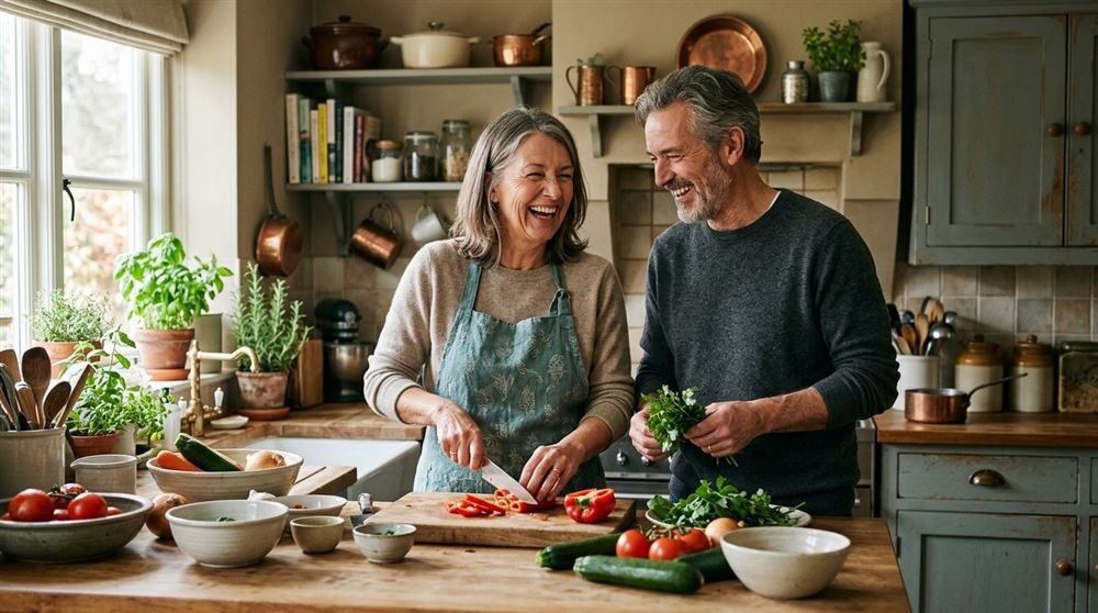 Couple in their fifties laughing while cooking together in a home kitchen