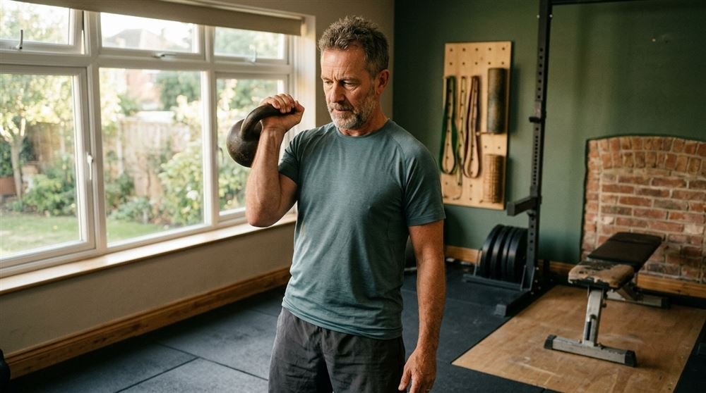 Man in his fifties lifting a kettlebell in a home gym, focused expression