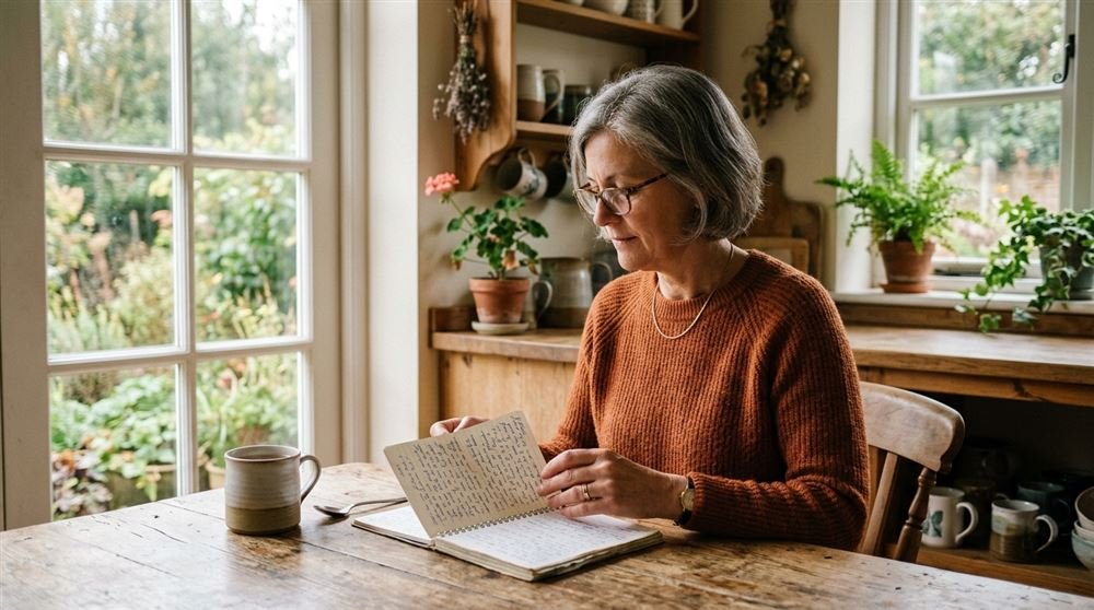 Woman in her fifties calmly reading a handwritten notebook at her kitchen table in the morning