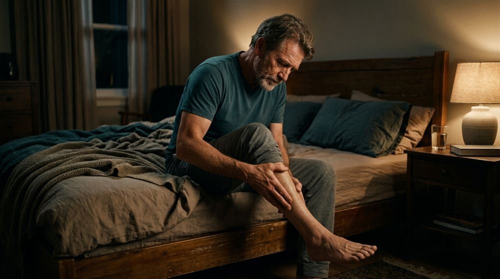 Man in his fifties gently massaging his calf muscle while sitting on the edge of a bed at night