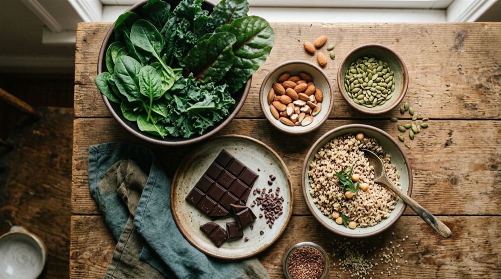 Overhead view of magnesium-rich foods on a wooden table - leafy greens, almonds, pumpkin seeds, dark chocolate, whole grains