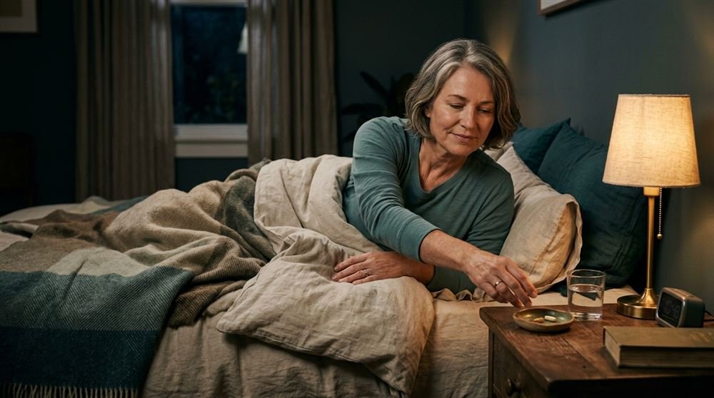 Woman in her fifties in bed at night reaching for a glass of water and a supplement dish on her nightstand