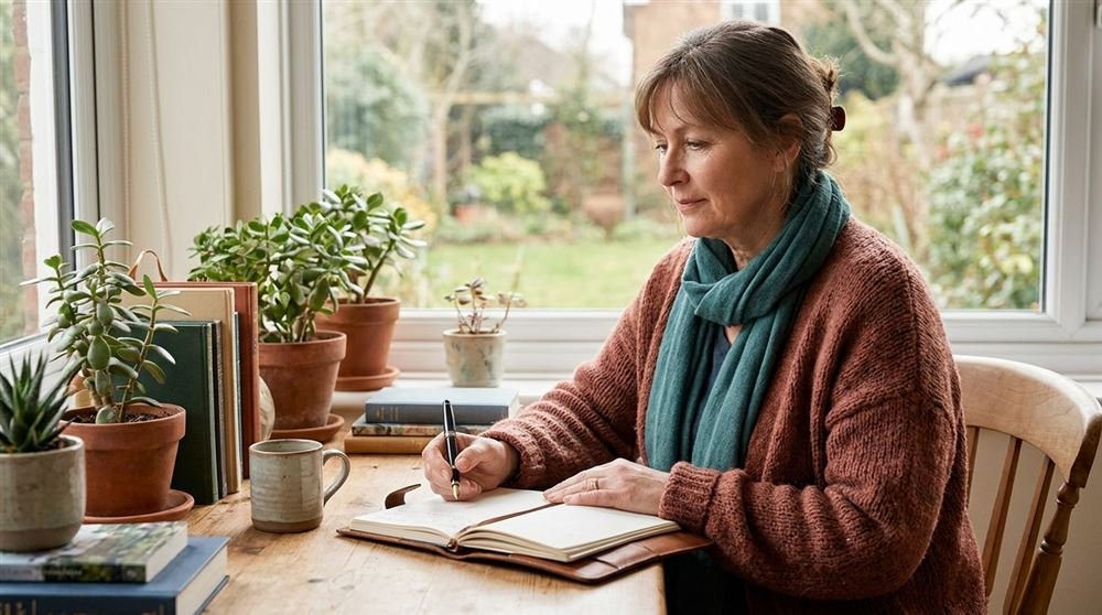 A woman in her fifties journaling at a desk near a window