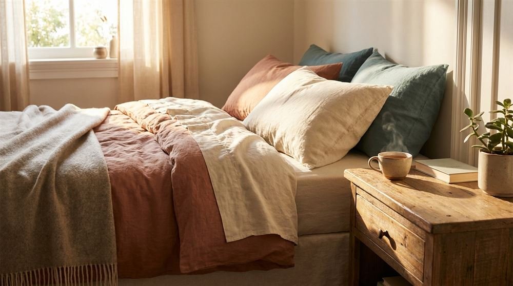 A calm, sunlit bedroom with a neatly made bed and a cup of tea on the nightstand