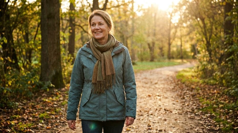 A woman in her fifties walking calmly along a quiet park path