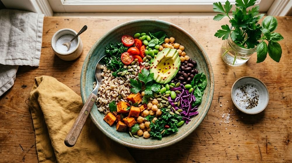 Colorful bowl of mixed vegetables, legumes, and whole grains, rich in fiber