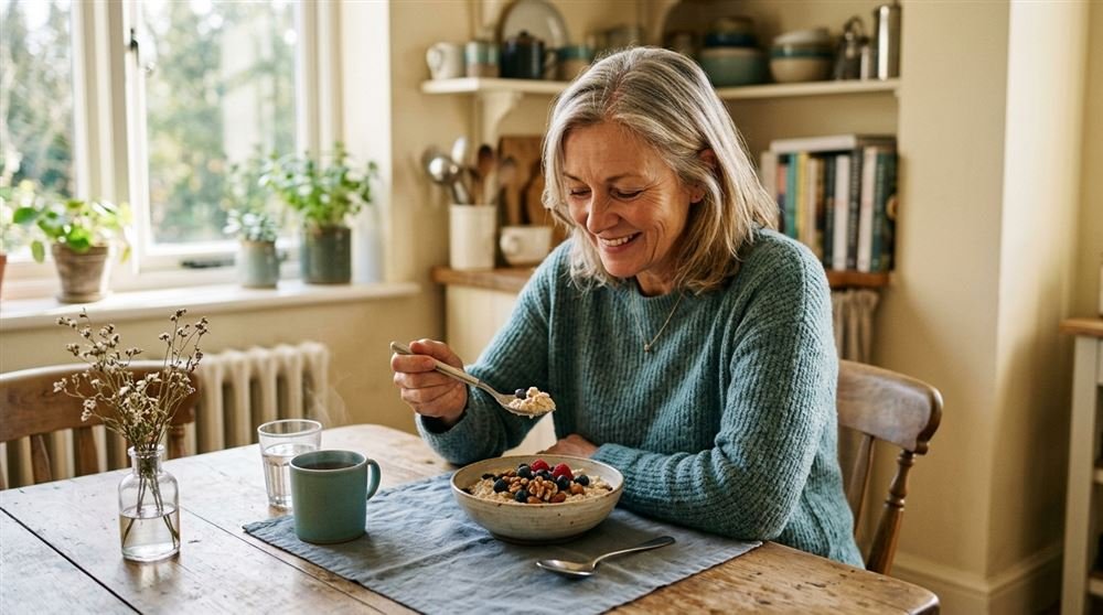 Woman in her fifties enjoying a bowl of oatmeal with berries and nuts at her kitchen table
