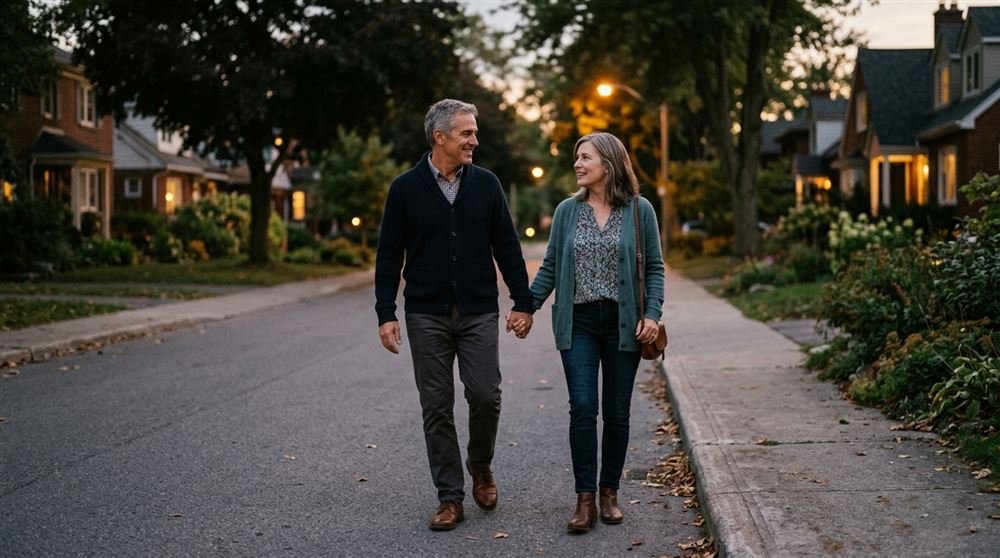 Couple in their fifties walking together after dinner on a quiet street at dusk