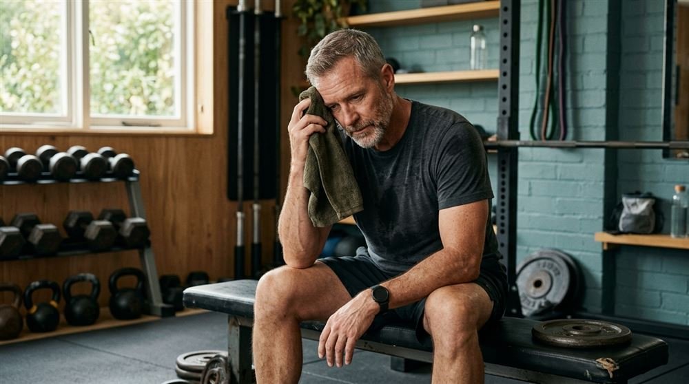 Man in his fifties resting between sets on a weight bench in a home gym