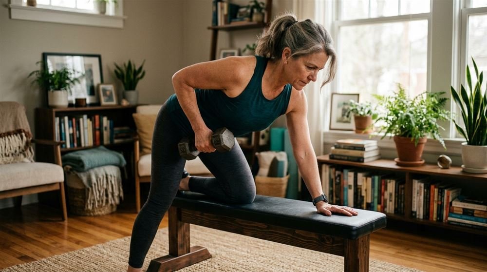 Woman in her fifties doing a dumbbell row exercise at home, determined expression