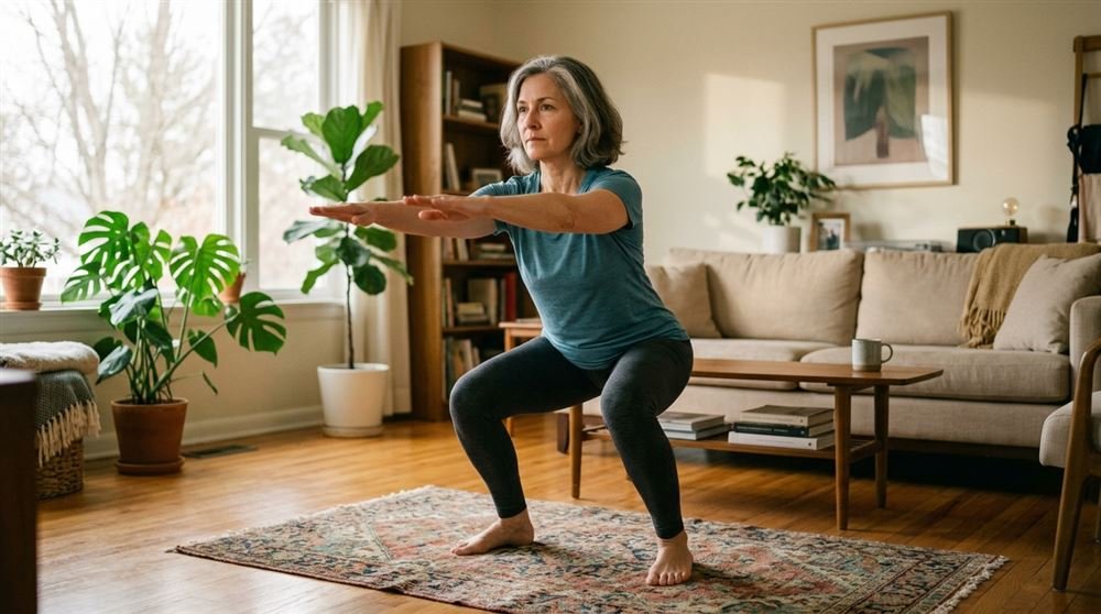 Woman in her fifties doing a bodyweight squat in her living room, focused expression