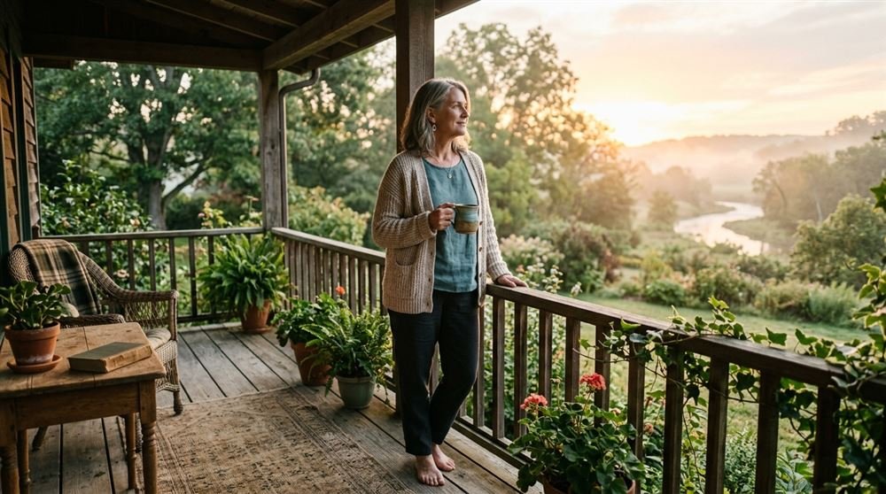 Woman in her fifties standing on her porch in early morning light with a coffee mug