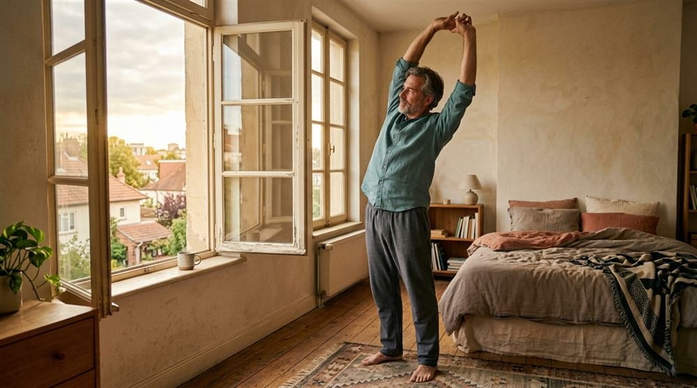 Man in his fifties stretching by an open window in morning light
