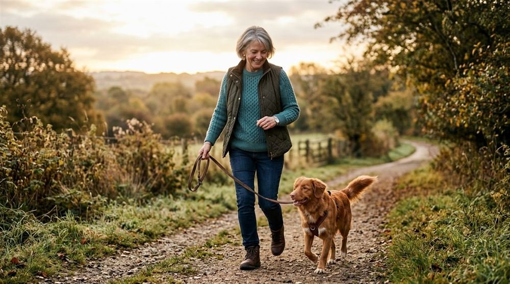 Woman in her fifties walking her dog outdoors in early morning light
