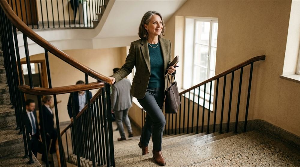 Woman in her fifties taking the stairs in an office building, confident stride