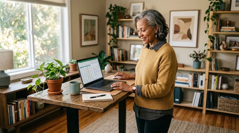 Woman in her fifties standing at a standing desk in a home office, working on a laptop