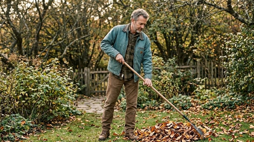 Man in his fifties raking autumn leaves in a garden