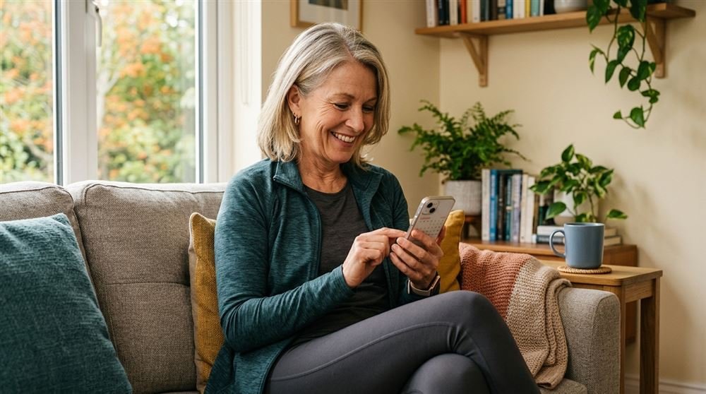 Woman in her fifties smiling while checking her phone calendar in workout clothes