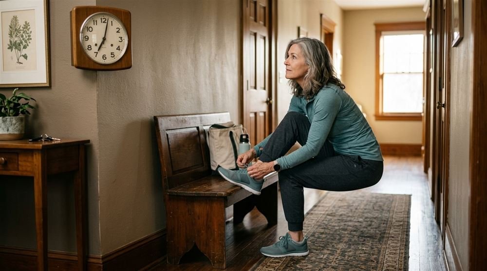 Woman in her fifties glancing at a wall clock while lacing up sneakers, ready for a quick workout