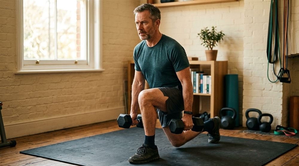 Man in his fifties doing a dumbbell lunge in a small home space, focused expression