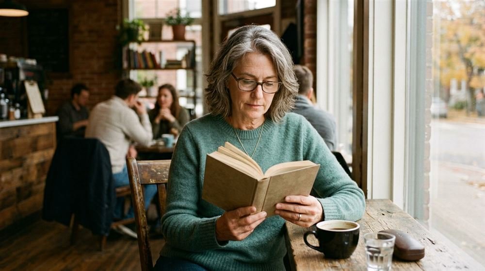 Woman in her fifties reading a book at a cafe table, thoughtful focused expression