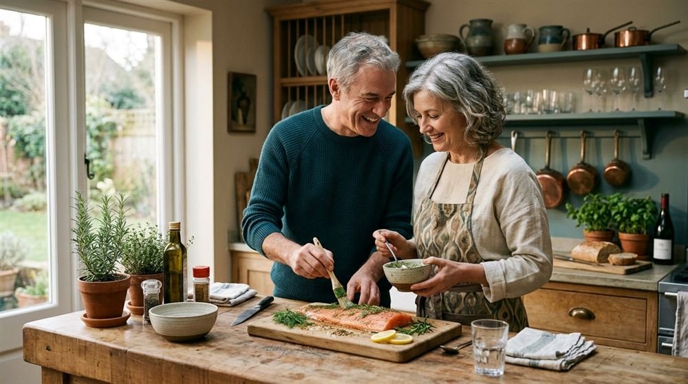 Couple in their fifties preparing salmon together in a home kitchen