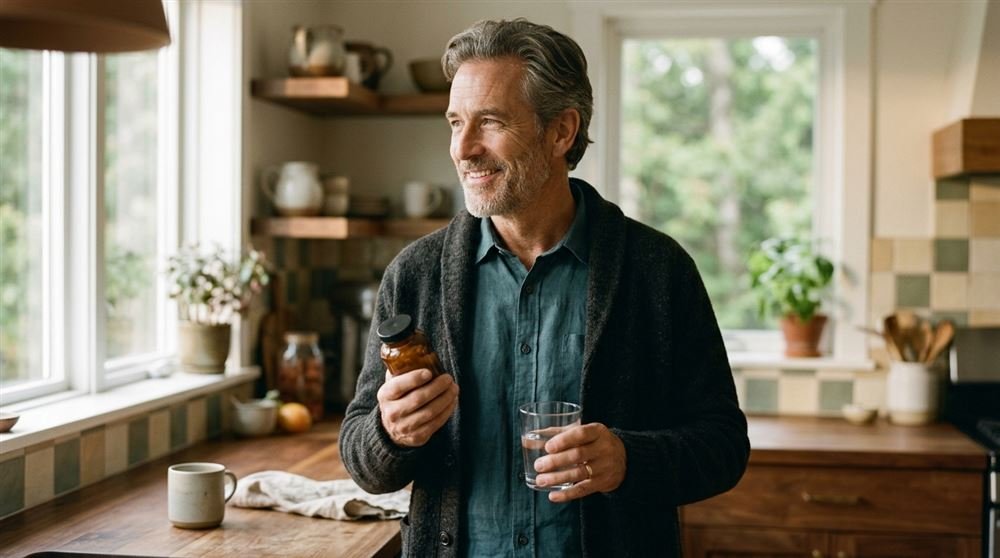 Man in his fifties holding a small supplement bottle and a glass of water at a kitchen counter