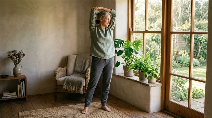 A woman in her fifties stretching by a sunlit window