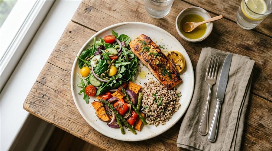 A balanced plate with grilled salmon, salad and whole grains