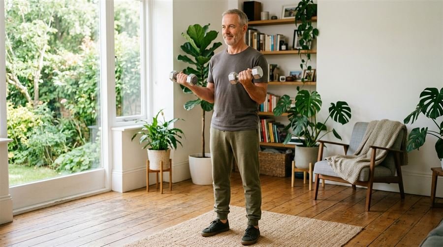 A man in his fifties lifting light dumbbells at home