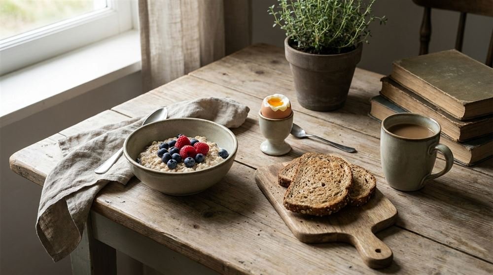 A simple wholesome breakfast with oatmeal, egg, toast and coffee on a wooden table