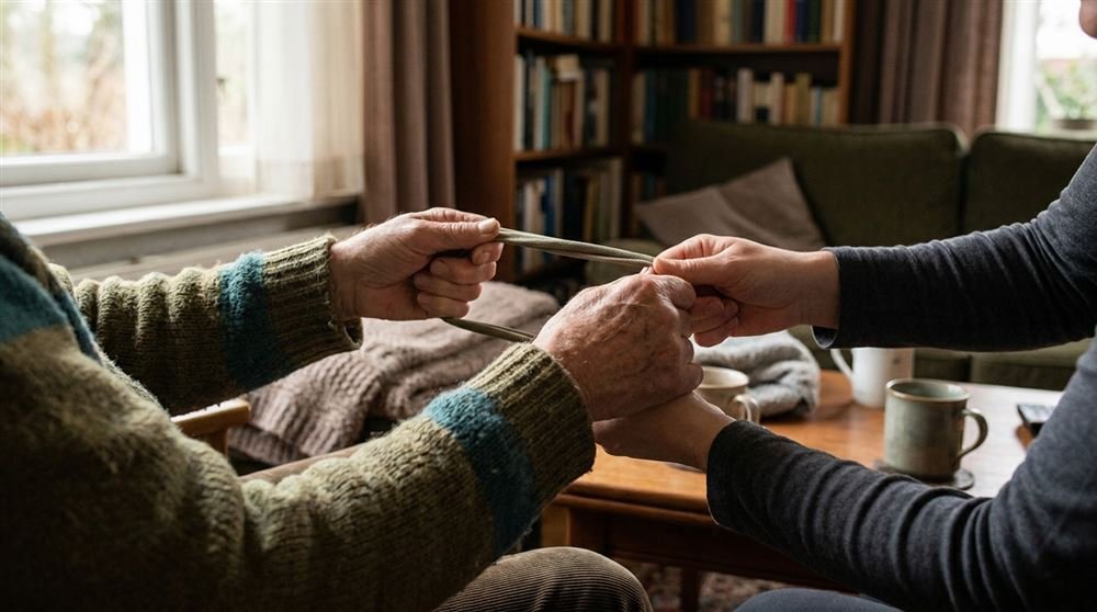 Older hands and younger hands holding a resistance exercise band