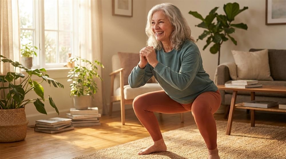 A woman in her sixties smiling while doing a bodyweight squat in a bright living room