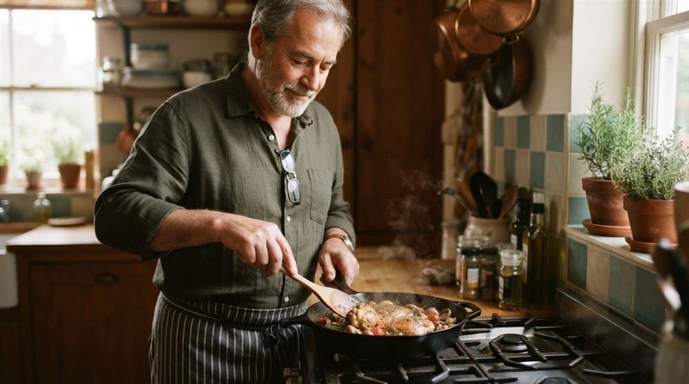 A man in his sixties cooking chicken thighs in a skillet in a cozy kitchen