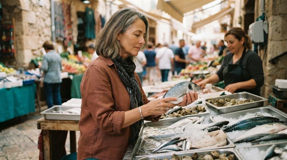 A woman in her fifties examining fresh fish at a local market stall