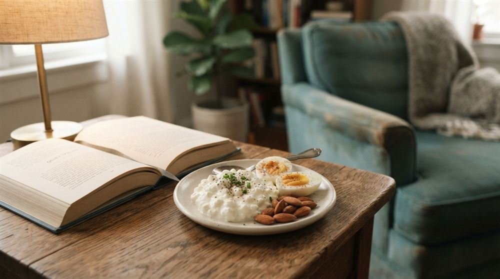 A snack plate with cottage cheese, hard-boiled eggs and almonds beside an open book