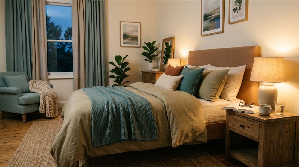 Peaceful, cozy bedroom with soft lamp light and a neatly made bed, evening wind-down atmosphere